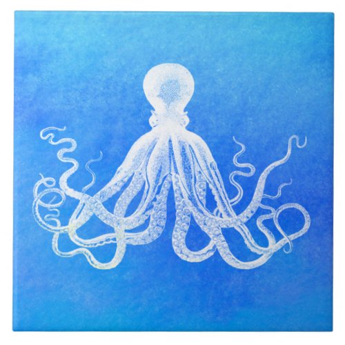 White Octopus Ocean Blue Watercolor  Ceramic Tile