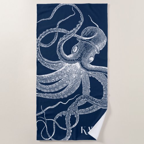 White octopus on a blue background beach towel