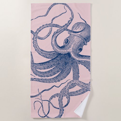 White octopus on a blue background beach towel