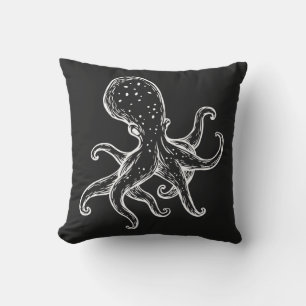 White Octopus on black nautical Outdoor Pillow