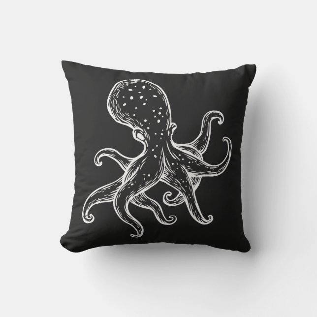 White Octopus  on black nautical Outdoor Pillow (Front)