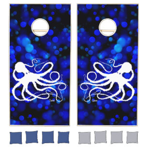 White Octopus on Blue Bubbles - Corn Hole Game