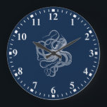 White octopus on dark blue large clock<br><div class="desc">White octopus on a dark blue background. Simple and elegant design. Matching white numerals.</div>
