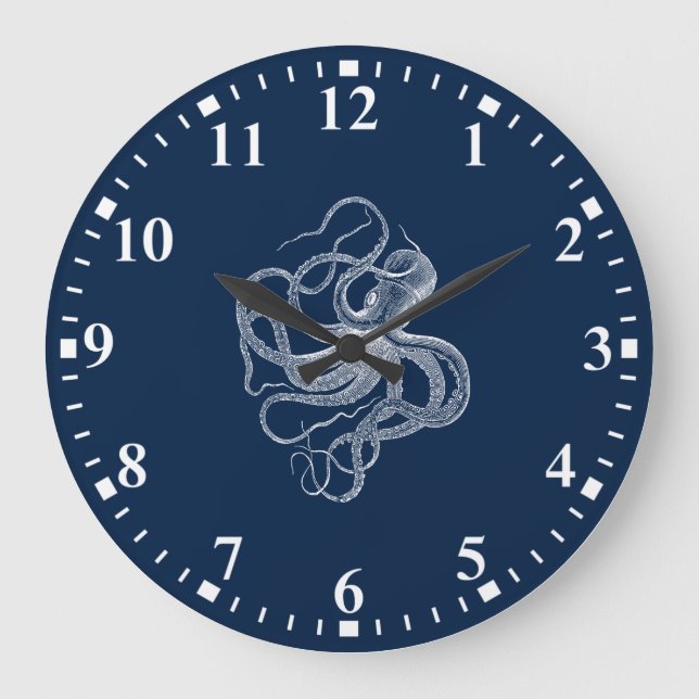 White octopus on dark blue large clock (Front)