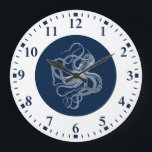 White octopus on dark blue large clock<br><div class="desc">White octopus on a dark blue background and a white border. Simple and elegant design. Matching blue numerals.</div>