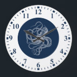 White octopus on dark blue large clock<br><div class="desc">White octopus on a dark blue background and a white border. Simple and elegant design. Matching blue numerals.</div>