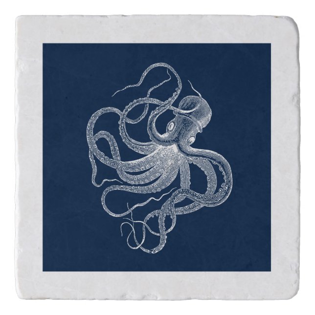 White octopus on dark blue trivet (Front)
