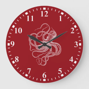 White octopus on dark red large clock