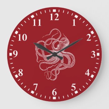 White Octopus On Dark Red Large Clock by artOnWear at Zazzle