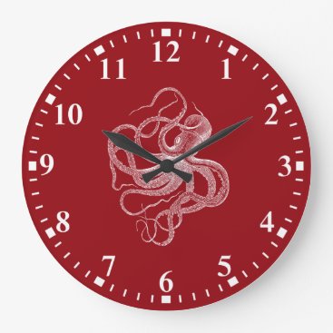 White octopus on dark red large clock
