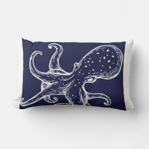 White Octopus on navy ocean blue nautical Lumbar Pillow