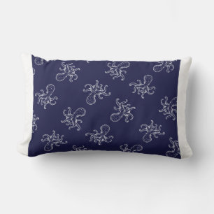 White Octopus on navy ocean blue nautical Lumbar Pillow