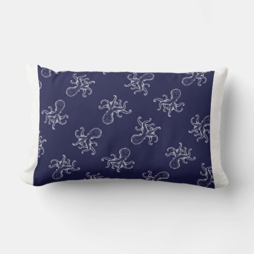 White Octopus  on navy ocean blue nautical Lumbar Pillow