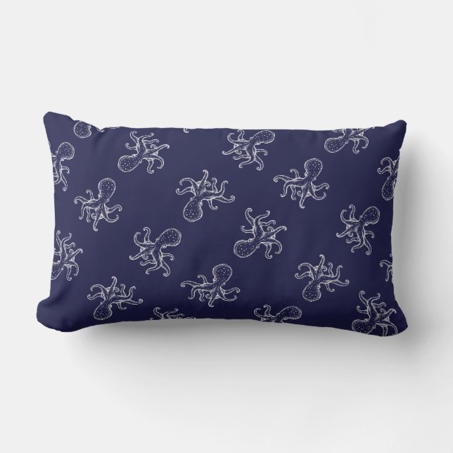 White Octopus  on navy ocean blue nautical Lumbar Pillow (Front)