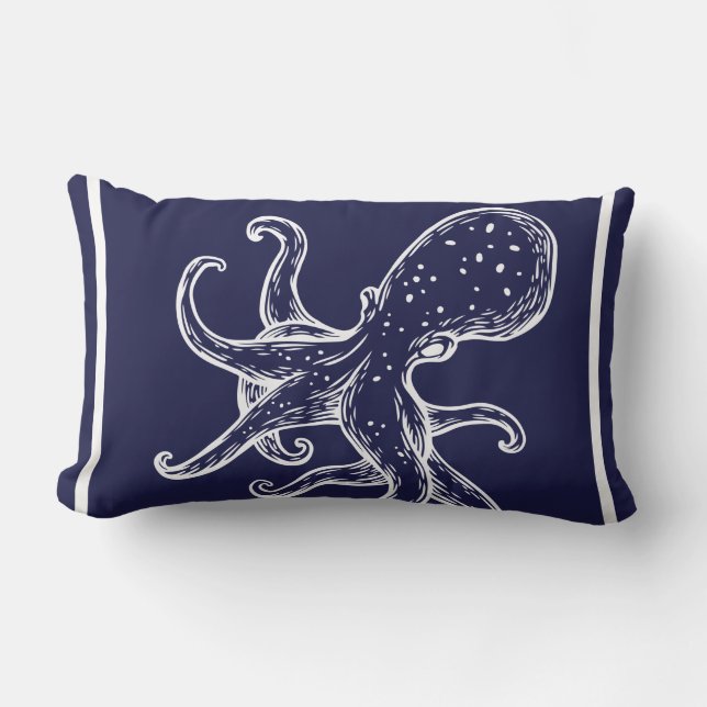 White Octopus  on navy ocean blue nautical Outdoor Lumbar Pillow (Front)