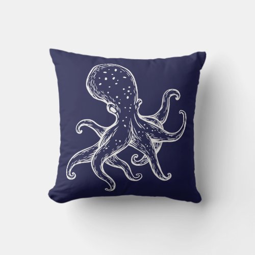 White Octopus  on navy ocean blue nautical Outdoor Pillow
