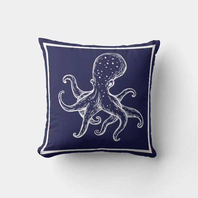 White Octopus  on navy ocean blue nautical Outdoor Pillow (Front)