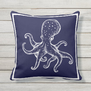 White Octopus  on navy ocean blue nautical Outdoor Pillow
