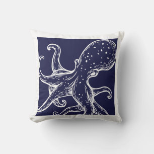White Octopus on navy ocean blue nautical Outdoor Pillow
