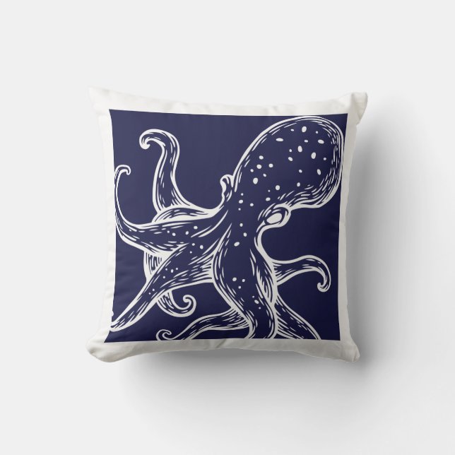 White Octopus  on navy ocean blue nautical Outdoor Pillow (Front)