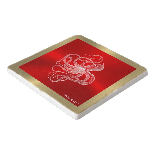 White octopus on red with gold border trivet (Corner)