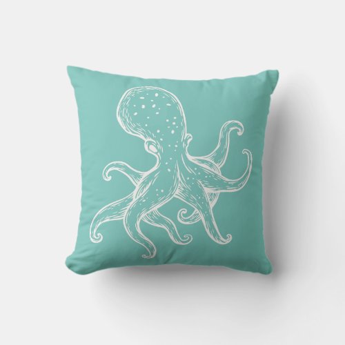 White Octopus  on sea teal ocean blue nautical Outdoor Pillow