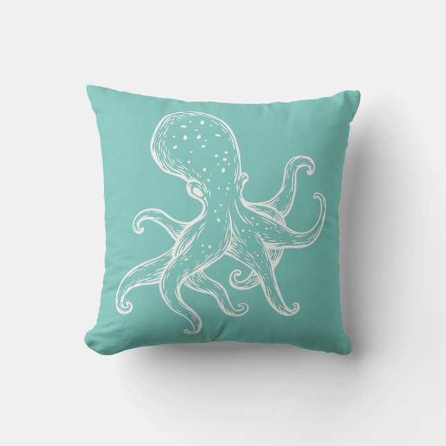 White Octopus  on sea teal ocean blue nautical Outdoor Pillow (Front)