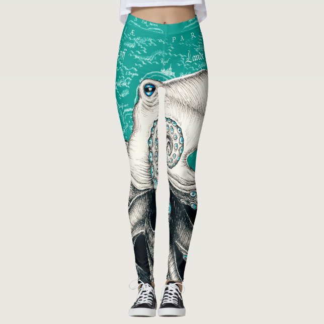 White Octopus Teal Vintage Map Leggings (Front)