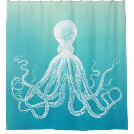 White Octopus Unique Aqua Blue Ombre Gradient Shower Curtain