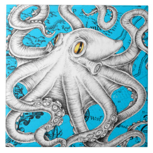 White Octopus Vintage Map Blue Ceramic Tile