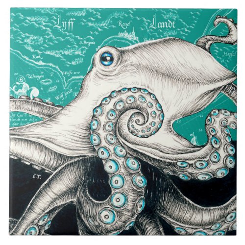 White Octopus Vintage Map Teal Ceramic Tile