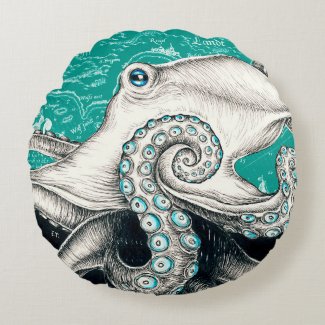 White Octopus Vintage Map Teal Round Pillow