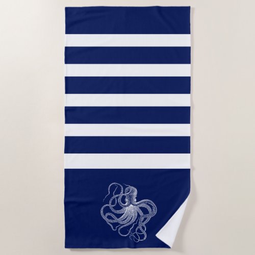 White octopus with blue and white stripes beach towel