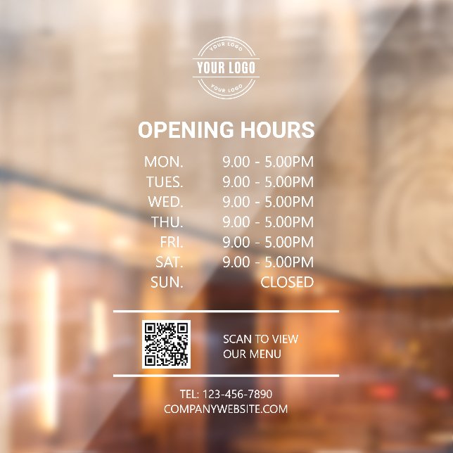 White Office Opening Time, Business Logo, QR Code Window Cling (Sheet 2)