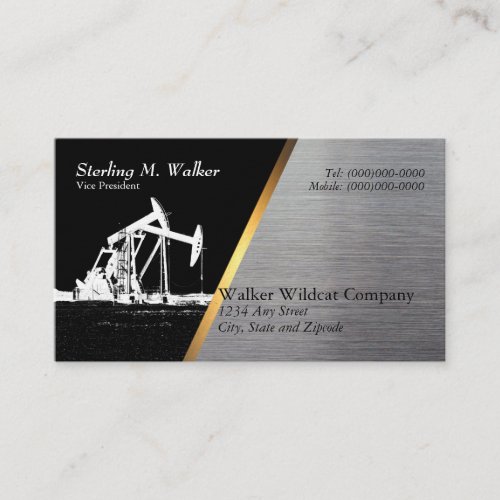 White Oil Pumping Unit Silhouette Metal Look Business Card