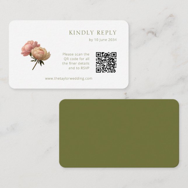 White & Olive | Chic Rose Wedding RSVP QR Code  Enclosure Card (Front/Back)
