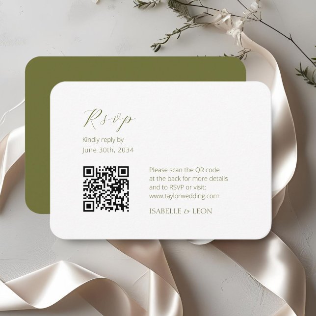 White & Olive | Chic Simple Scrpt QR Code Wedding Enclosure Card (Creator Uploaded)