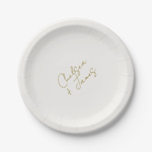 White & Olive Green Script Minimalist Wedding Paper Plates