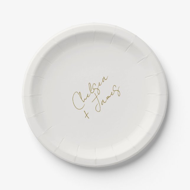 White & Olive Green Script Minimalist Wedding  Paper Plates (Front)