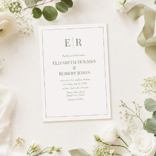White & Olive Minimalist Monogram Wedding Invitation