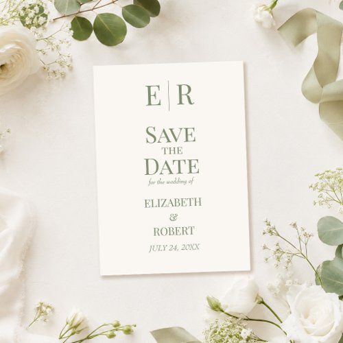 White & Olive Monogram Save the Date Card