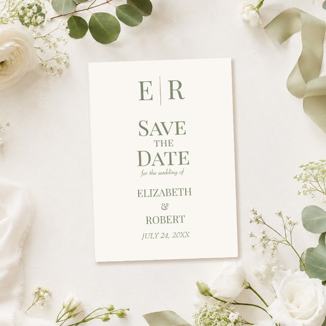 White & Olive Monogram Save the Date Card (White & Olive Monogram Save the Date Card on a table with white roses)