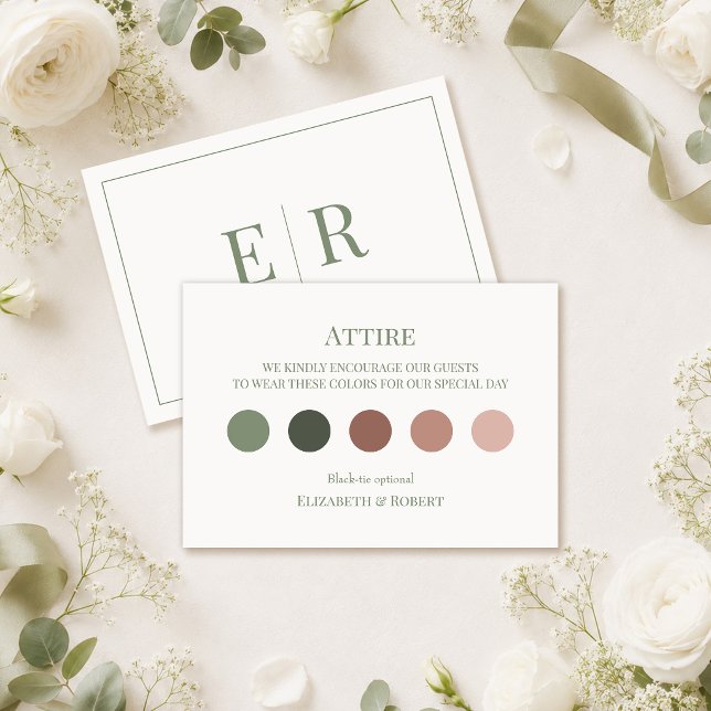 White & Olive Wedding Attire Dress Code Card (White & Olive Wedding Attire Dress Code Card on a wedding table with white roses and decor.)