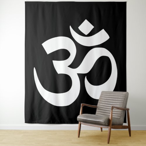 White Om Symbol on Black Tapestry