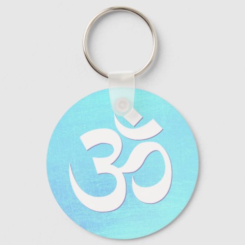 White OM Symbol Turquoise Blue Shimmery Look Keychain