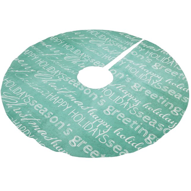 White on Aqua Typography Christmas Tree Skirt (Angled)