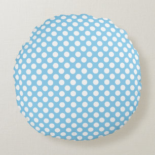 White on Baby Blue Medium Size Polka Dots Round Pillow