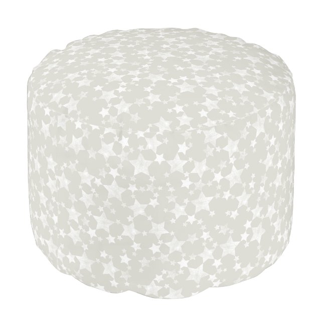 White on Beige | Lino Print Stars Pattern Pouf (Angled Back)