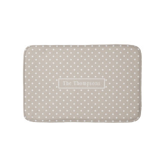 White On Beige Polka Dots Pattern With Custom Name Bath Mat