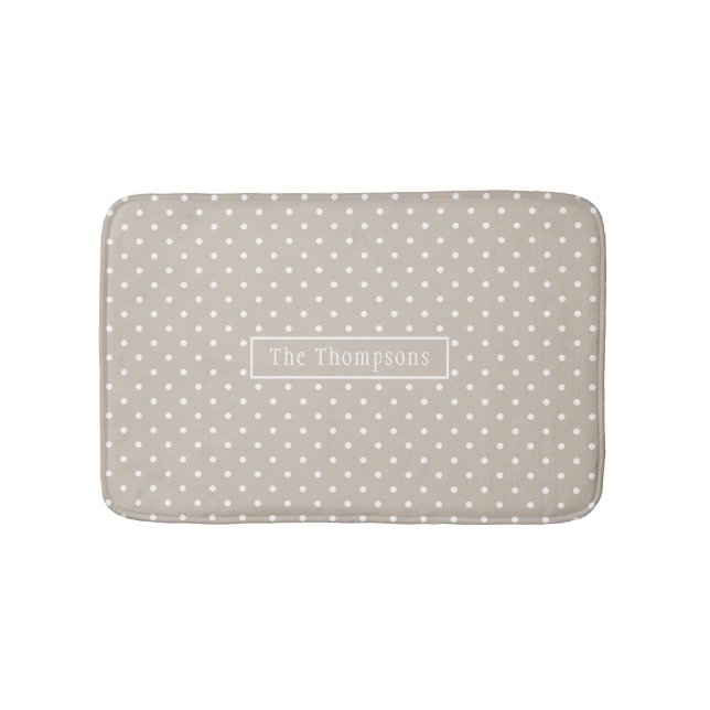 White On Beige Polka Dots Pattern With Custom Name Bath Mat (Front)